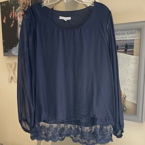 Navy silk and jersey top with lace, M